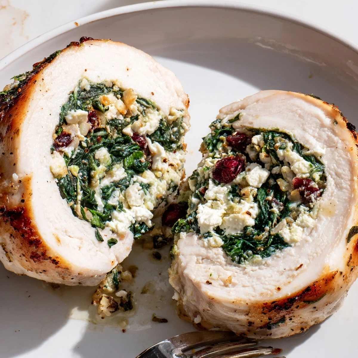 Herbed Cranberry Spinach Stuffed Chicken Breasts resting on plate, creamy cheese oozing