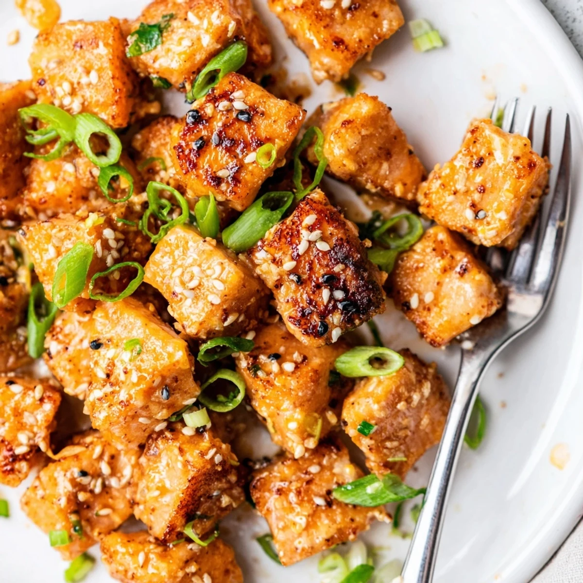Crispy Bang Bang Salmon Bites tossed in creamy spicy sauce, scallions garnish.