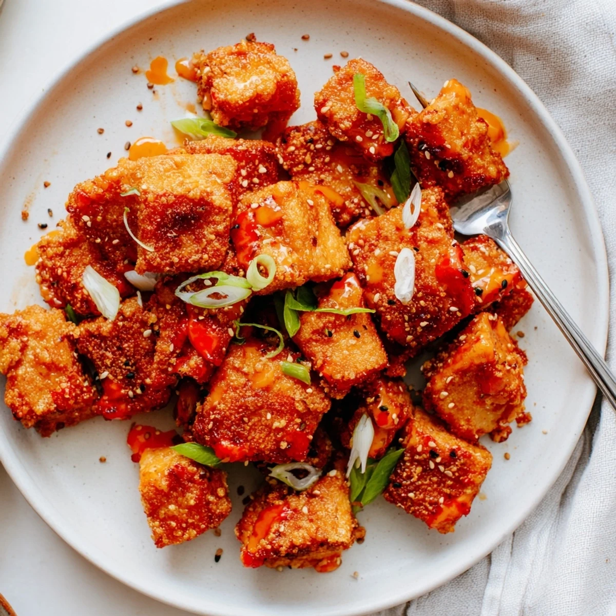 Pan-fried Bang Bang Salmon Bites with sesame seeds served over steamed rice.