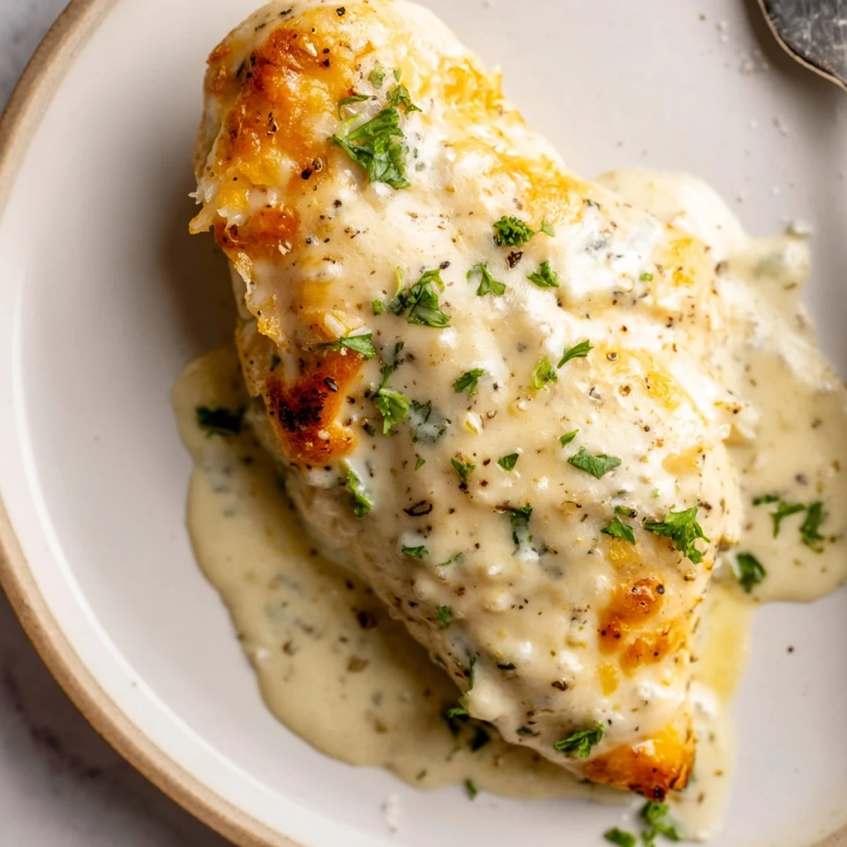 Caesar Chicken Recipe: creamy baked breasts topped with golden parmesan and parsley