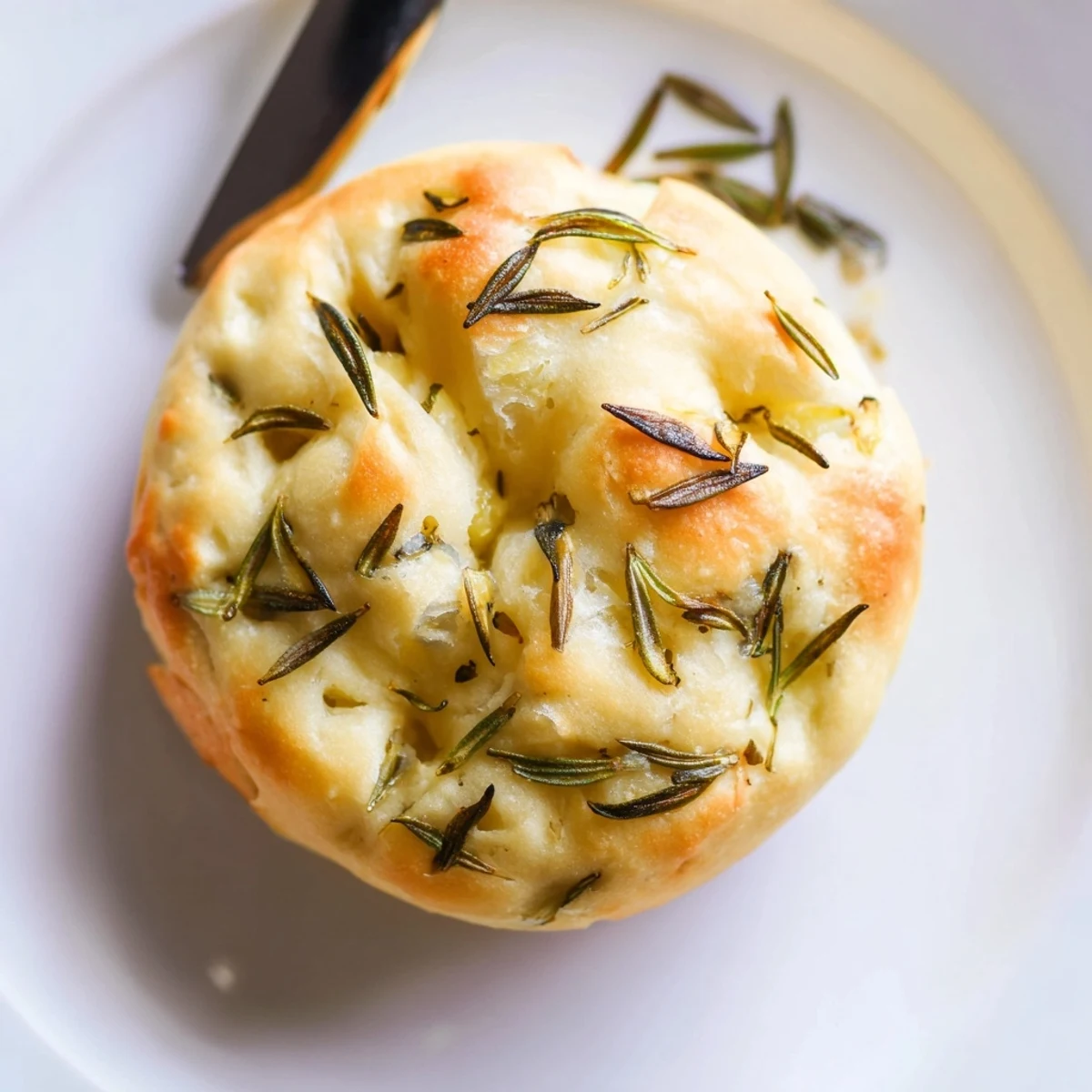 Freshly baked Garlic Rosemary Focaccia Muffins served warm beside bowl of soup