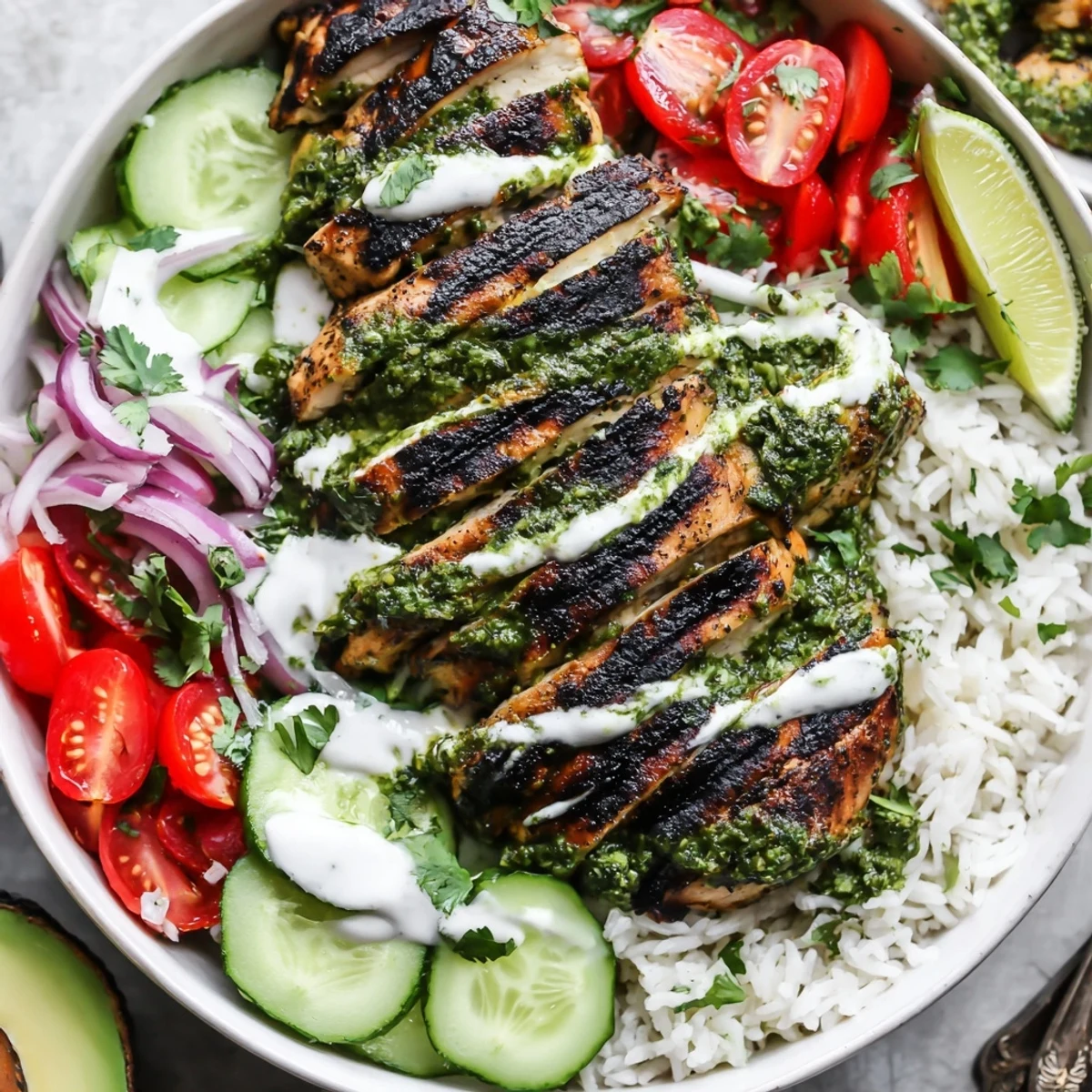 Chimichurri Grilled Chicken Bowl With Garlic Sauce, juicy charred chicken over rice