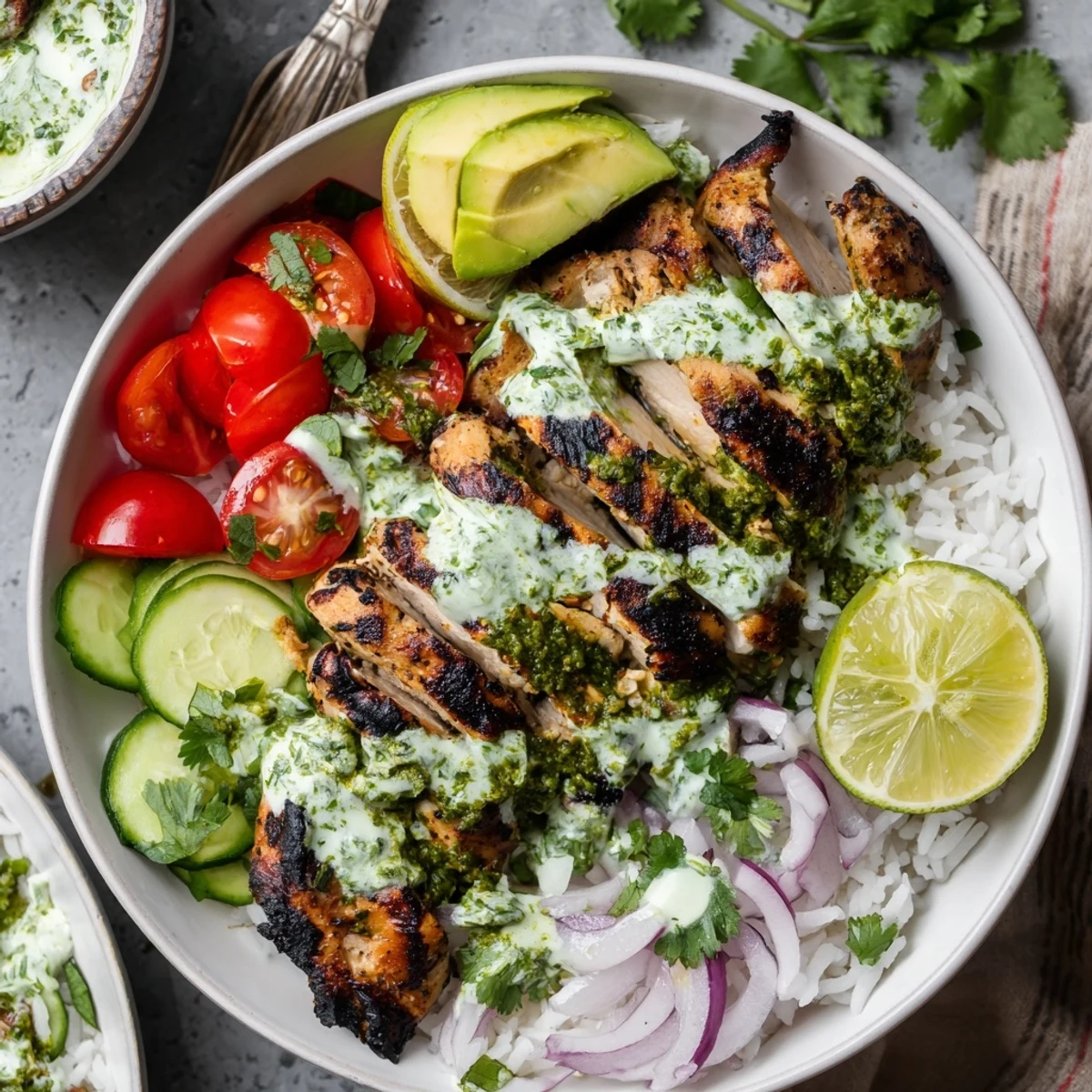Zesty Chimichurri Grilled Chicken Bowl With Garlic Sauce, avocado slices and lime
