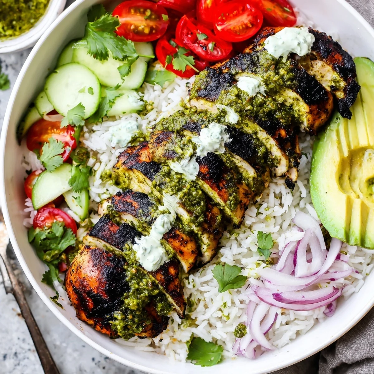 Weeknight Chimichurri Grilled Chicken Bowl With Garlic Sauce, smoky grill marks and cilantro