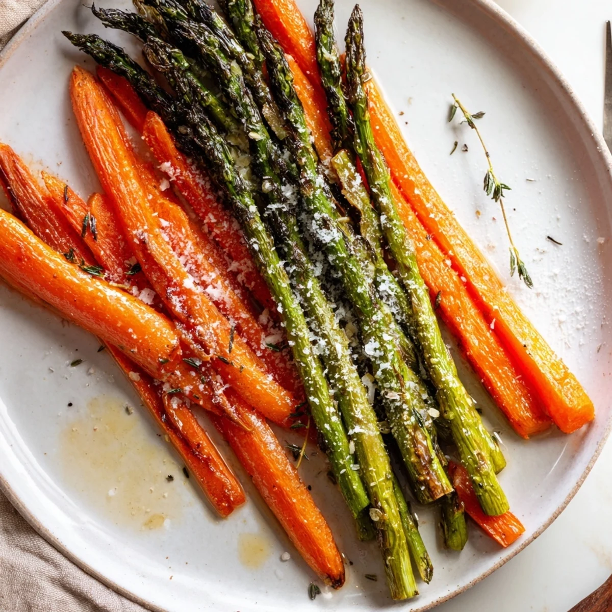 Sheet-pan Roasted Asparagus Carrots tossed in olive oil, pepper, and lemon