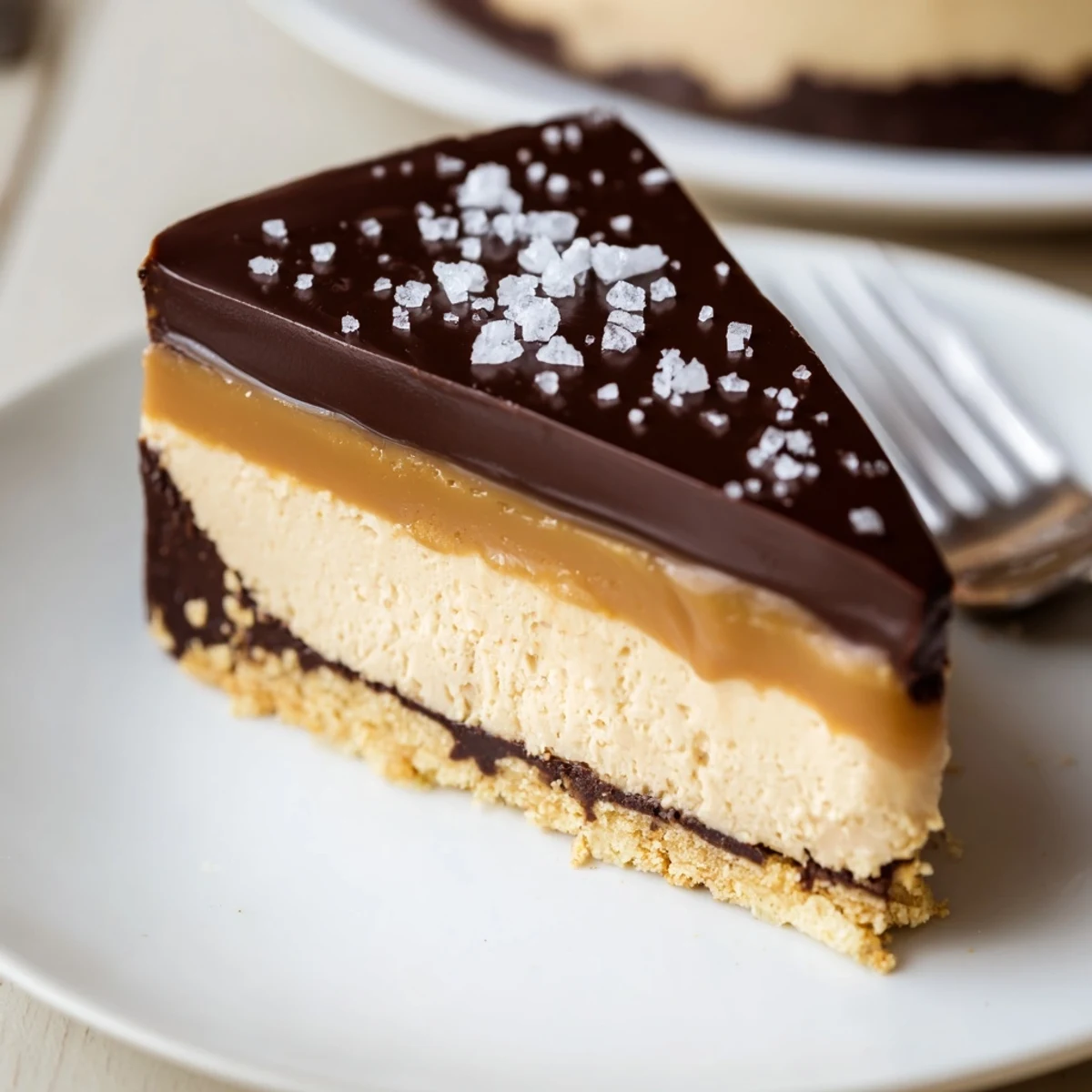 Slice of Luxurious Millionaire Cheesecake showing glossy ganache and caramel layers