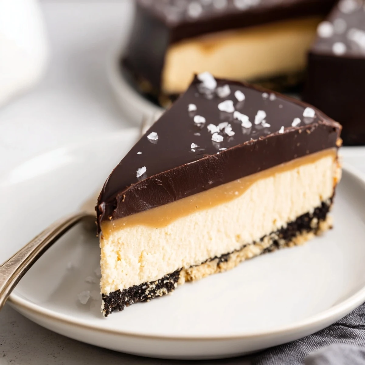 Luxurious Millionaire Cheesecake topped with flaky sea salt, served with espresso