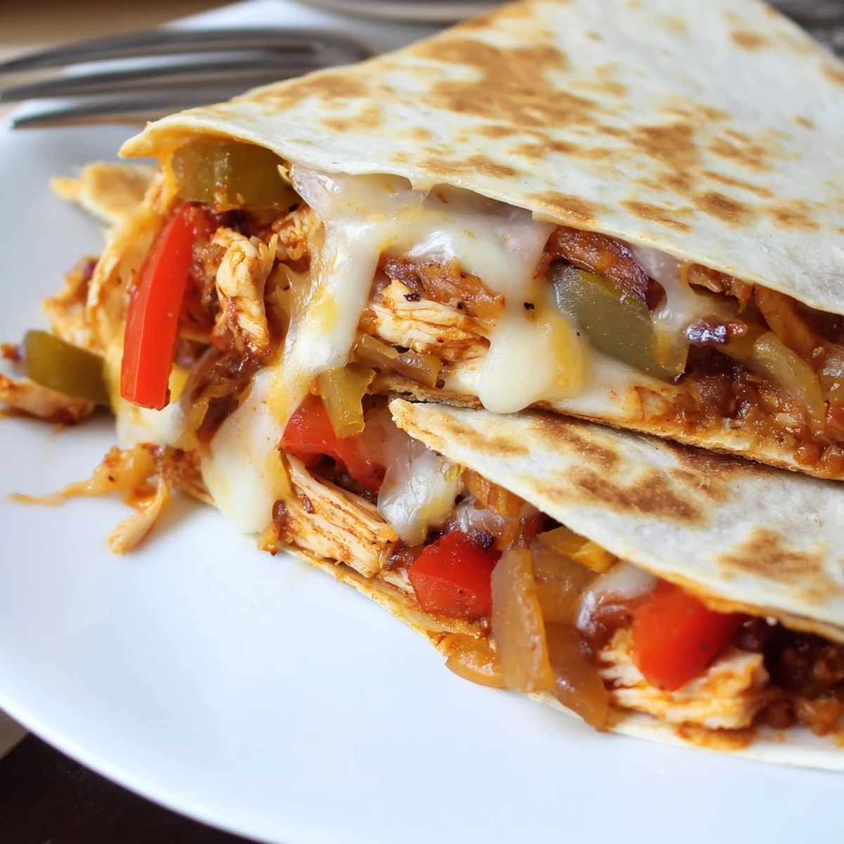 Spicy Crispy Grilled Chicken Quesadilla sizzling golden tortilla with gooey cheese