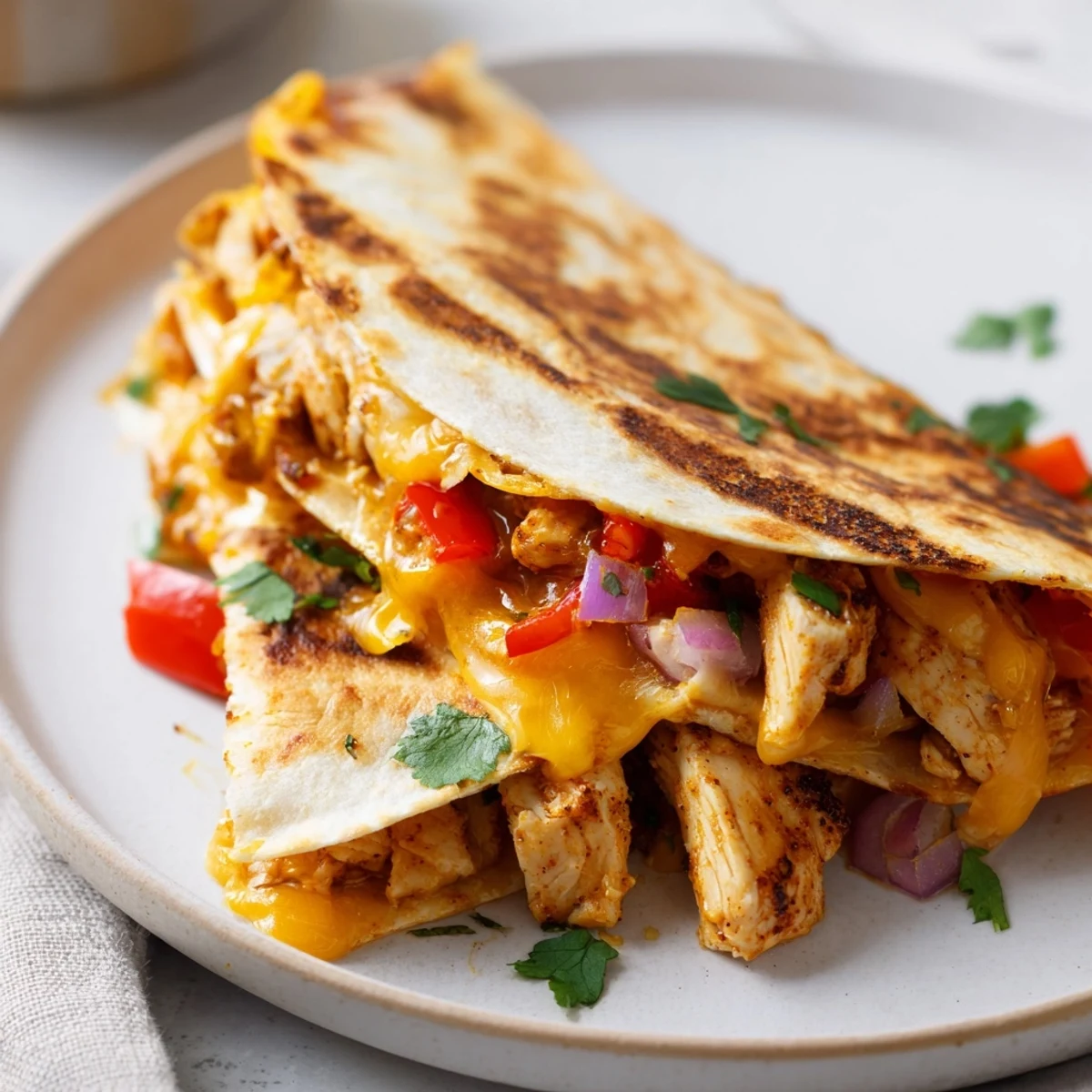 Plate of Spicy Crispy Grilled Chicken Quesadilla wedges served with guacamole