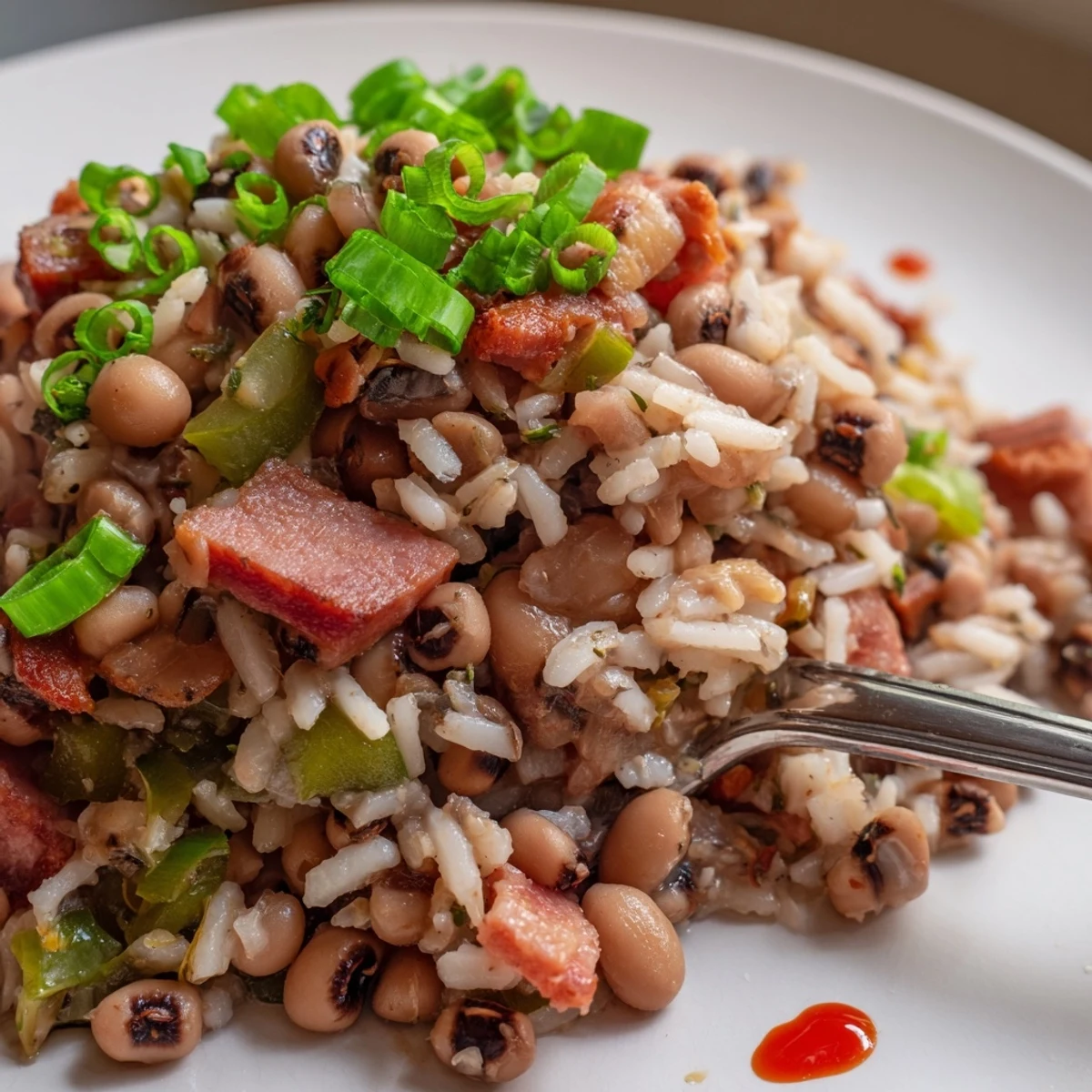 Hearty Smoky Southern Hoppin John steaming in a bowl with cornbread