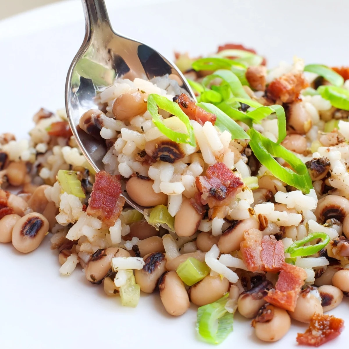 Bowl of steaming black eyed peas and rice: Hearty Smoky Southern Hoppin John