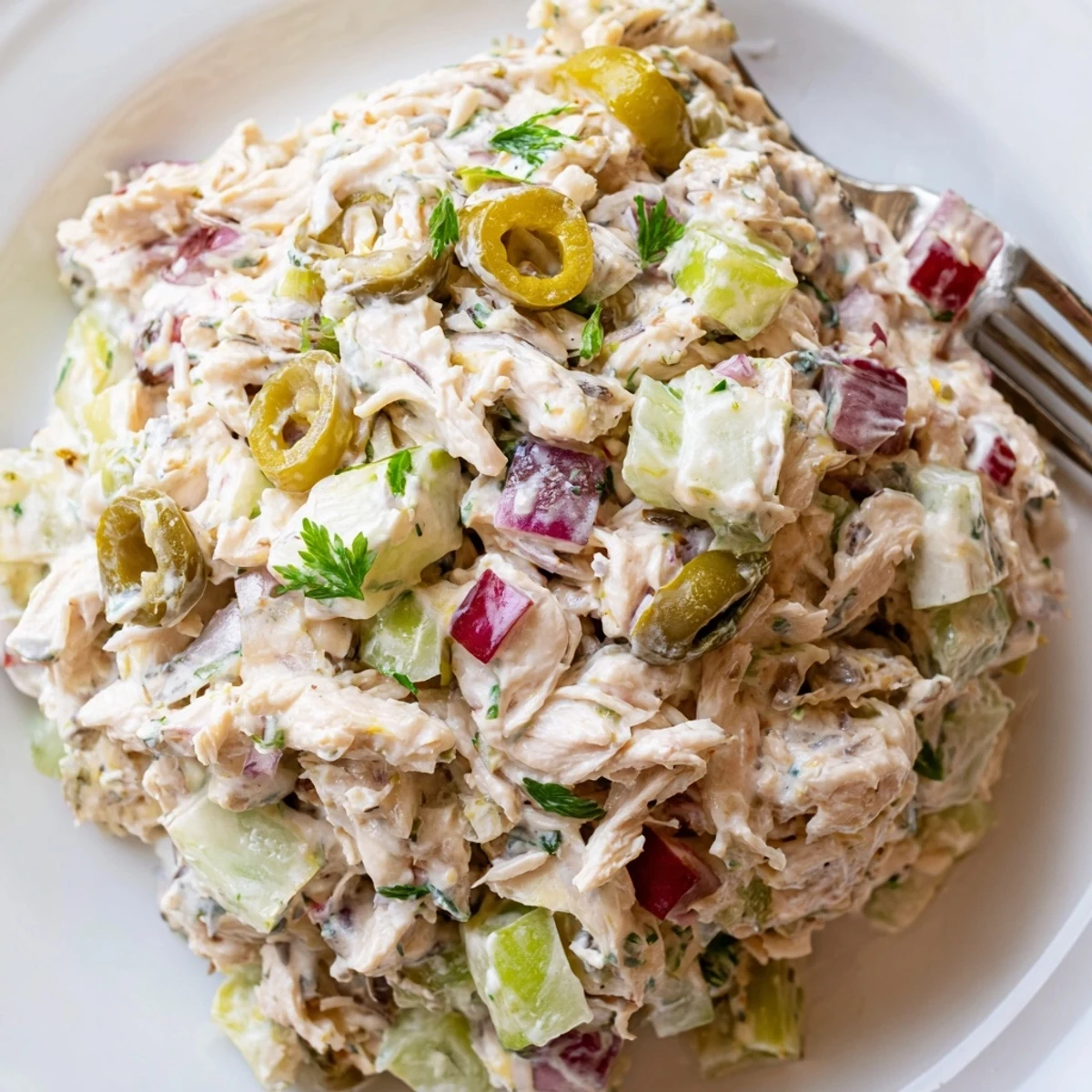 Creamy High Protein Pepperoncini Chicken Salad with shredded chicken, crunchy celery, zesty bite