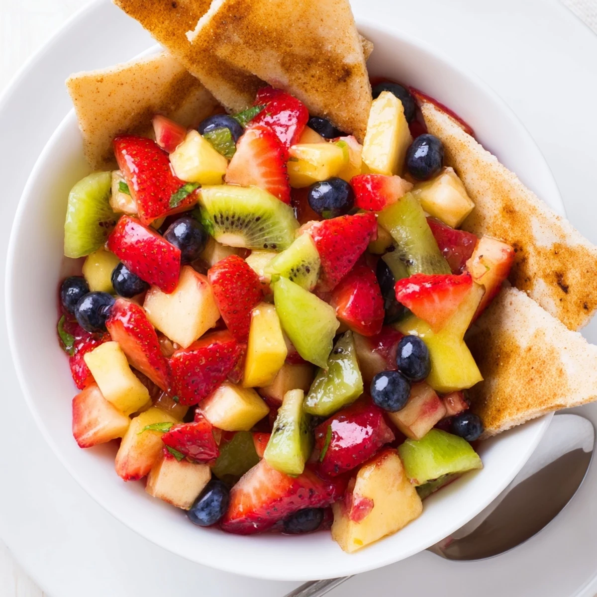 A chilled bowl of Fruit Salsa With Cinnamon Sugar Tortilla Chips for dipping