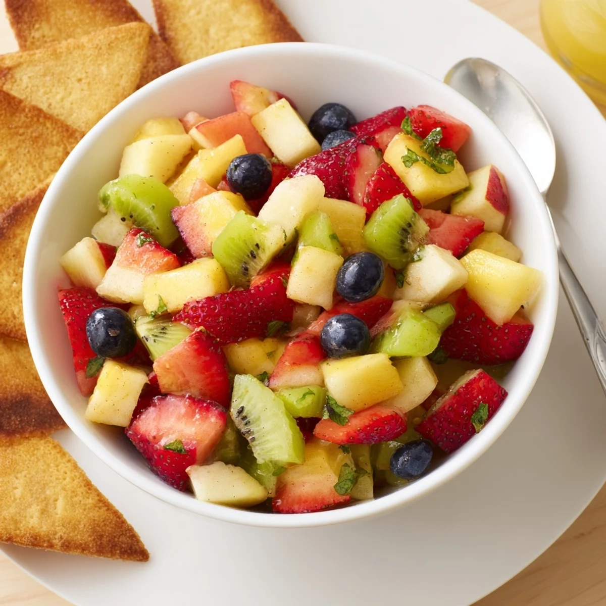 Fruit Salsa With Cinnamon Sugar Tortilla Chips served with golden, crunchy tortilla wedges