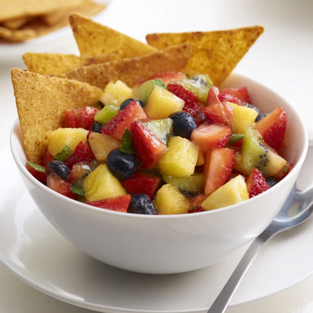 Bright, tangy Fruit Salsa With Cinnamon Sugar Tortilla Chips paired with warm, cinnamon-scented crisps