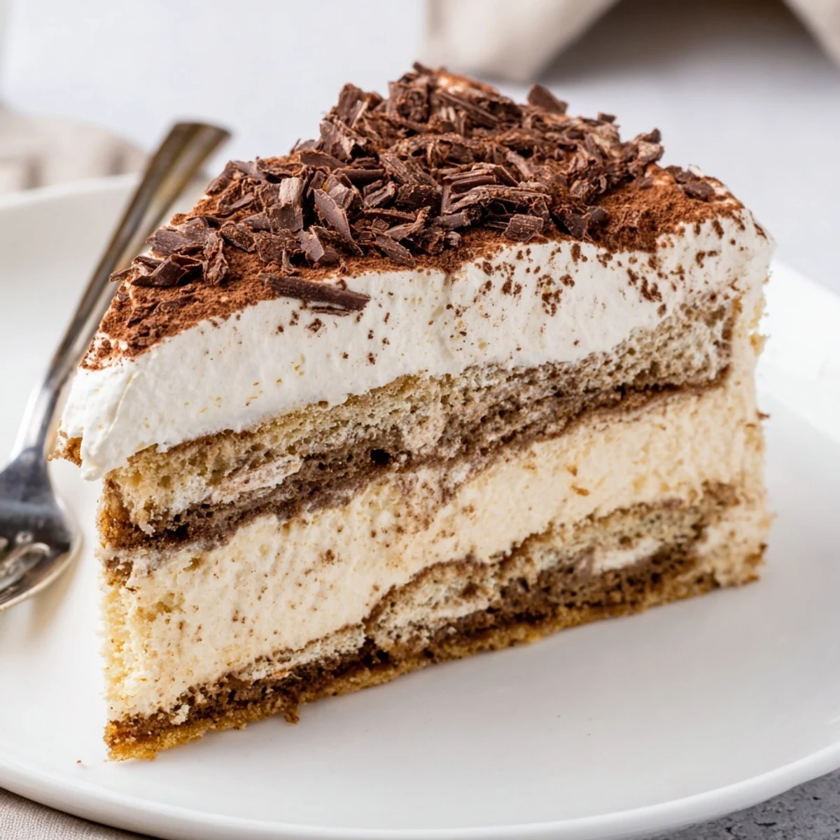 Decadent Creamy Coffee Infused Tiramisu Cheesecake topped with whipped cream and cocoa