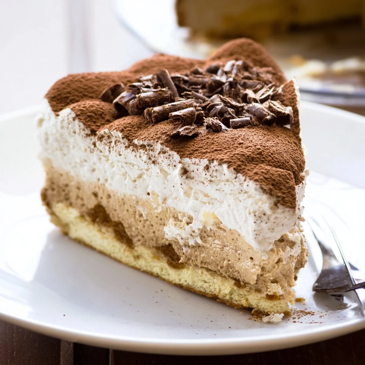 Slice of Decadent Creamy Coffee Infused Tiramisu Cheesecake on plate, chocolate shavings