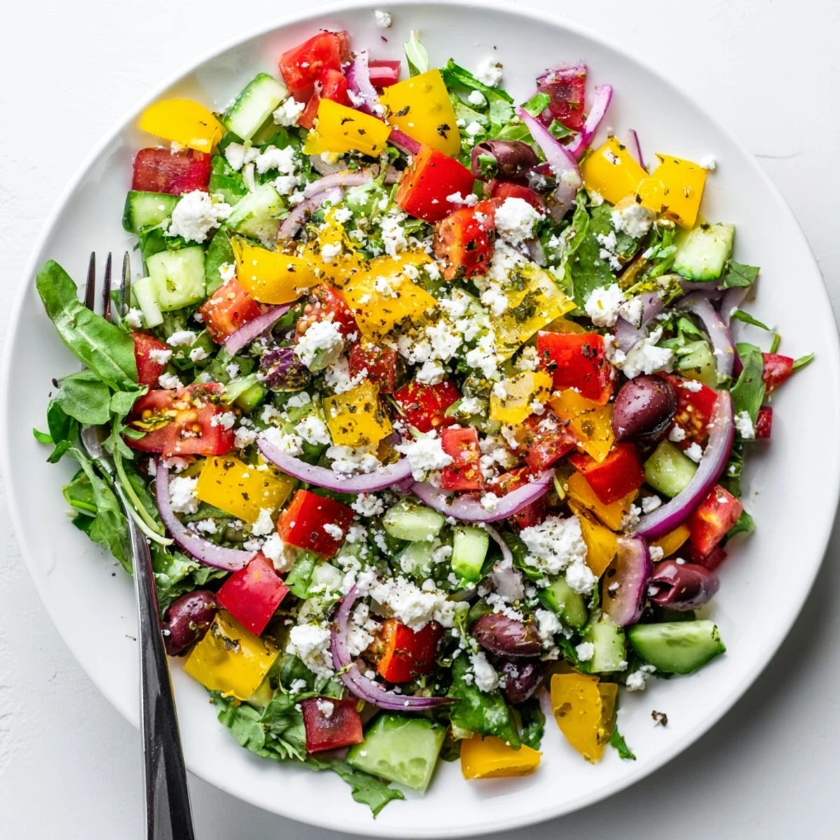 Bright Fresh Salad Recipe featuring cucumber, red pepper, feta, perfect light lunch