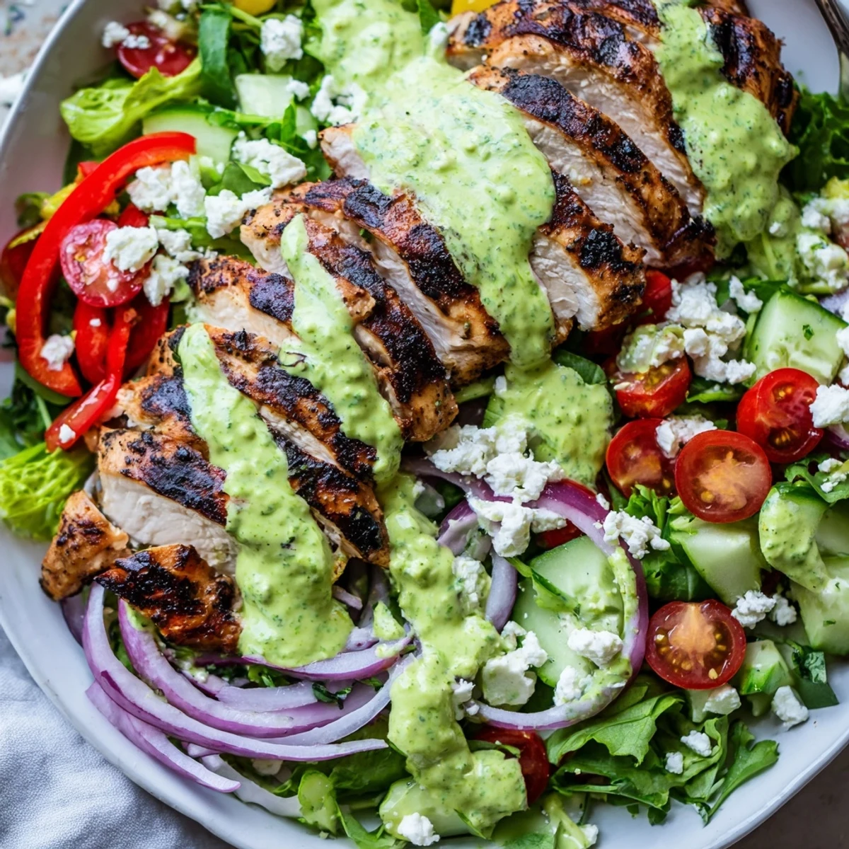 Grilled Chicken Salad Avocado Herb Dressing Recipe showing smoky sliced chicken, creamy dressing.