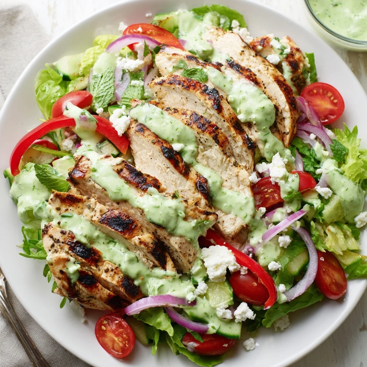 A plate of Grilled Chicken Salad Avocado Herb Dressing Recipe with crunchy vegetables.