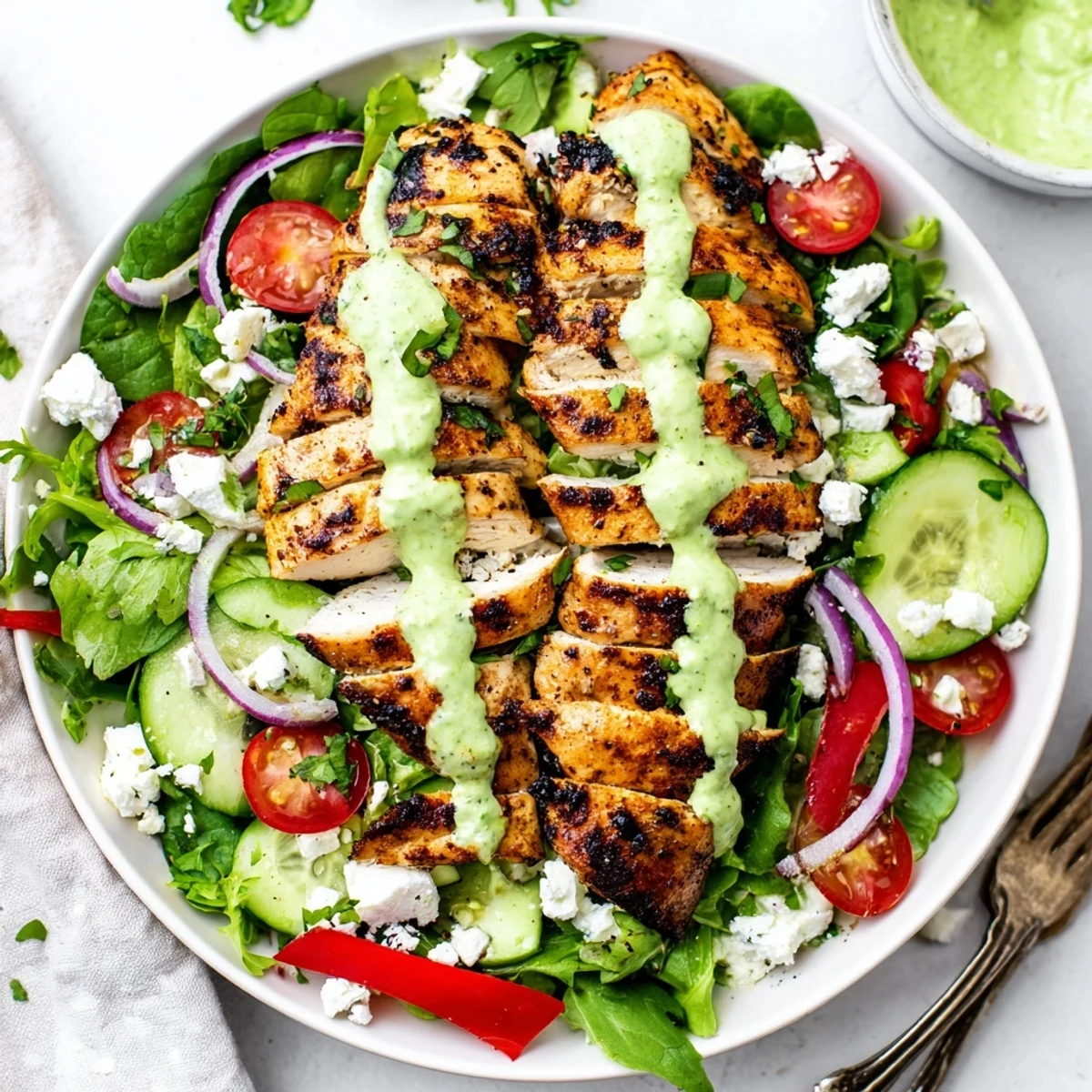 Grilled Chicken Salad Avocado Herb Dressing Recipe drizzled with lime, served for light lunch.