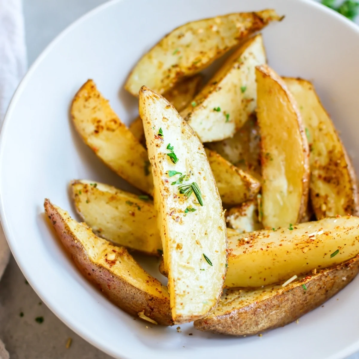 Golden oven-baked Potato Wedges with crispy edges and fluffy, steamy centers