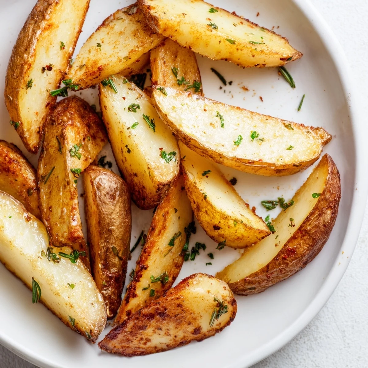 Seasoned Potato Wedges on parchment-lined baking sheet, sprinkled with fresh parsley