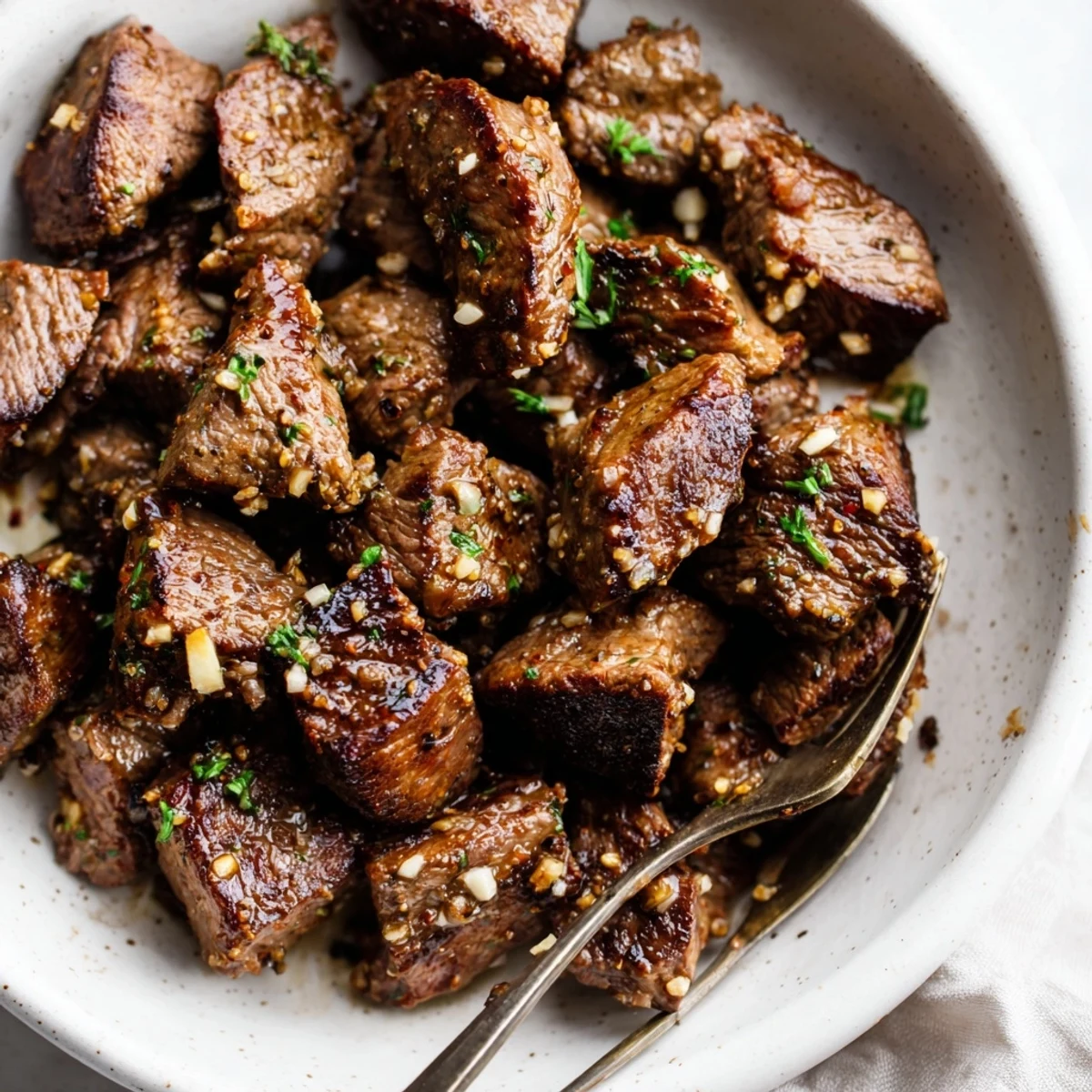 Glistening Garlic Butter Steak Bites with browned crust, parsley, and melted butter