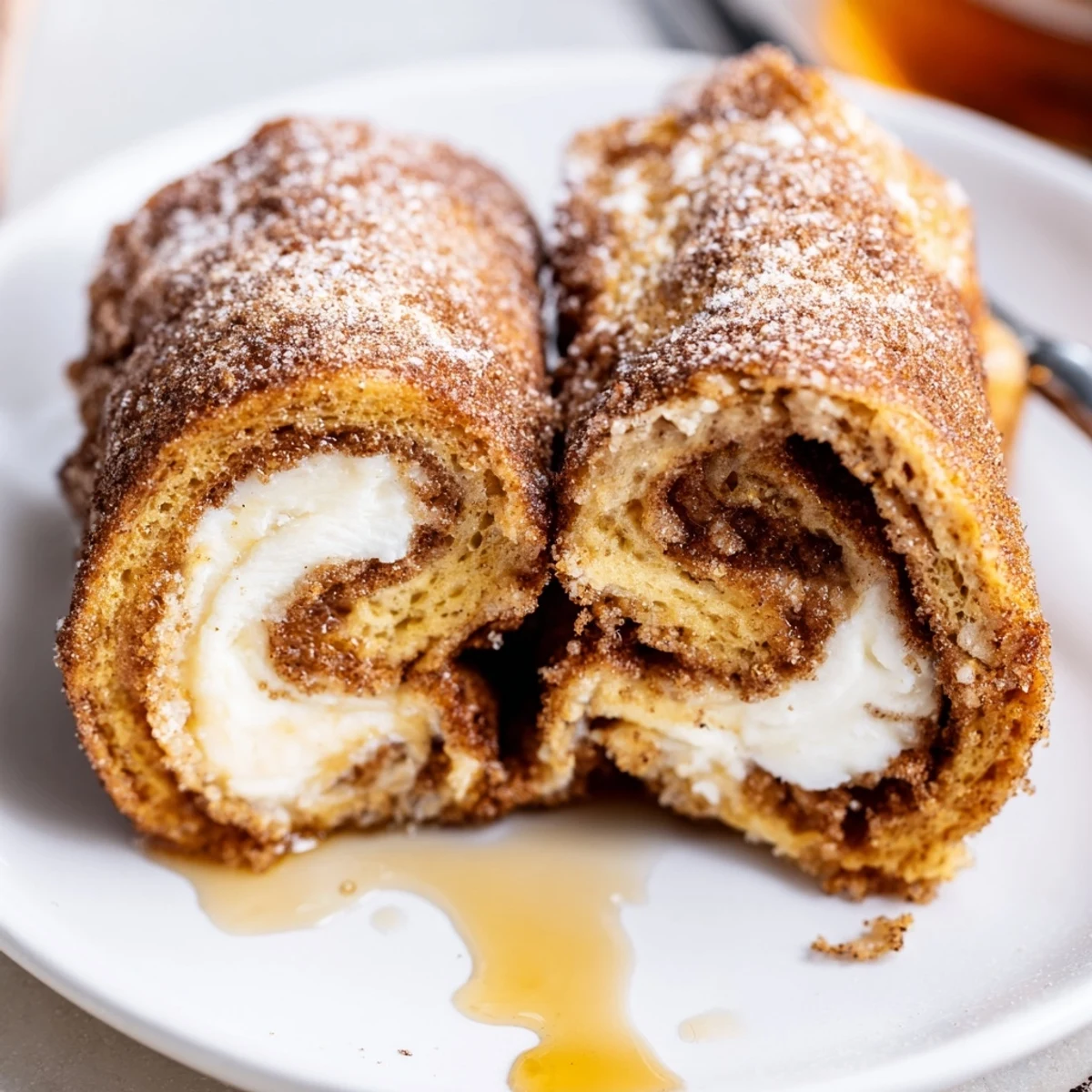 Warm Cinnamon Roll French Toast Roll Ups with gooey cream cheese center.