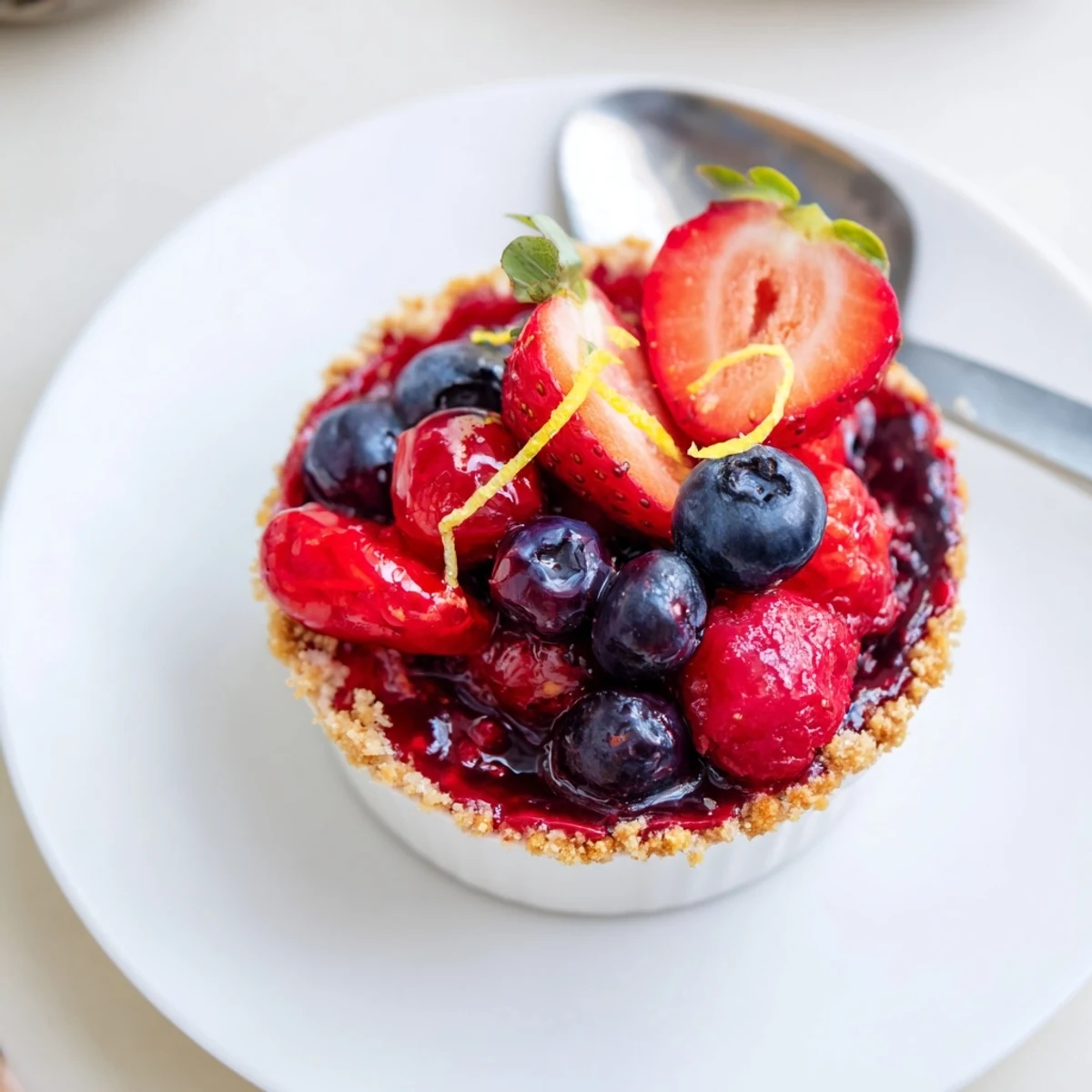 Berry No Bake Cheesecakes with glossy mixed berry compote and crumbly biscuit base