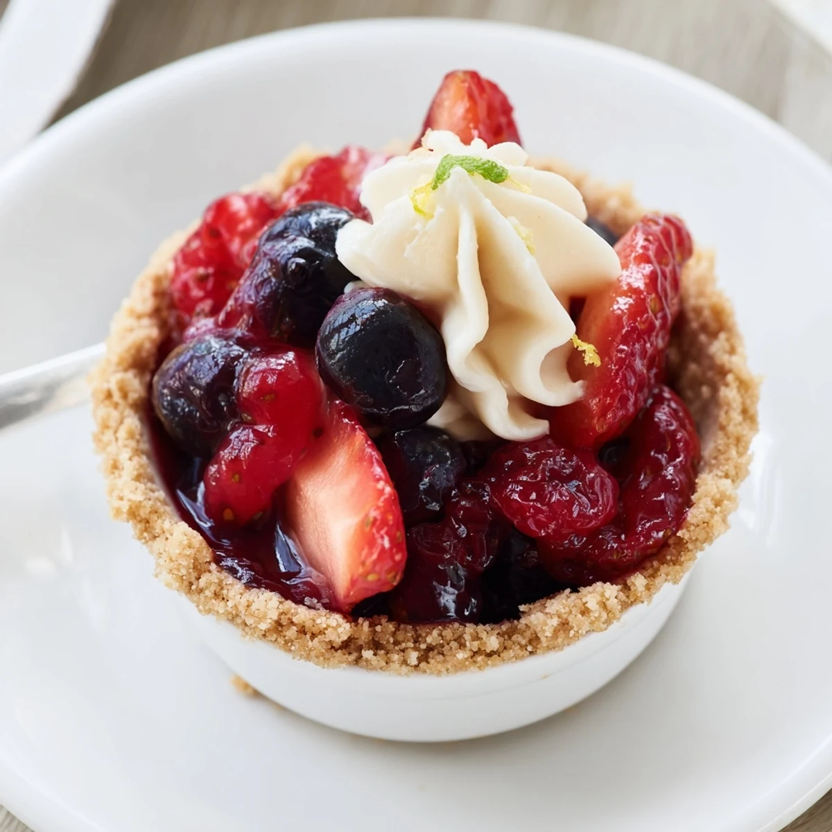 Chilled Berry No Bake Cheesecakes layered in glasses, creamy filling, vibrant berries
