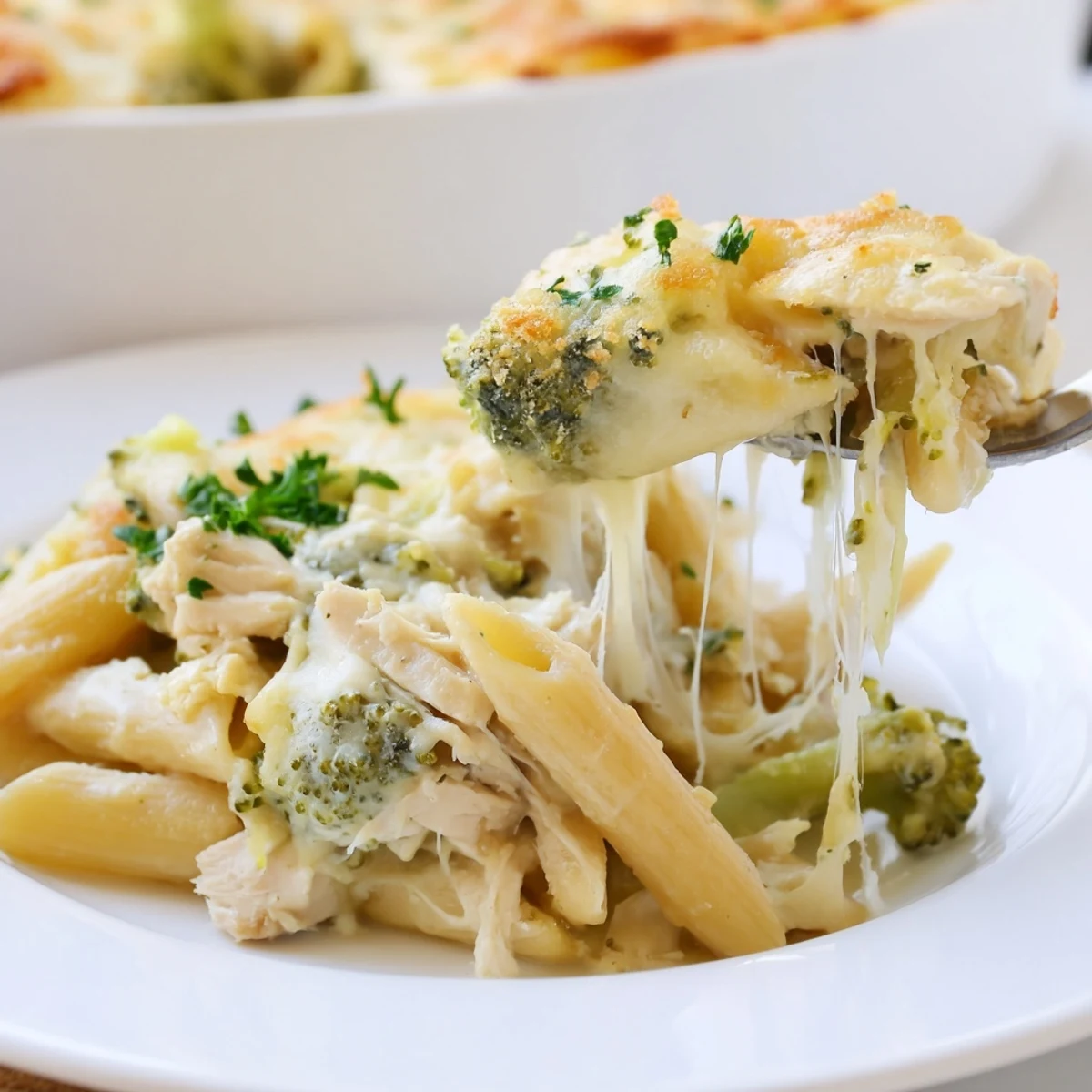 Chicken Broccoli Alfredo Bake Recipe bubbling golden, creamy pasta topped with parsley