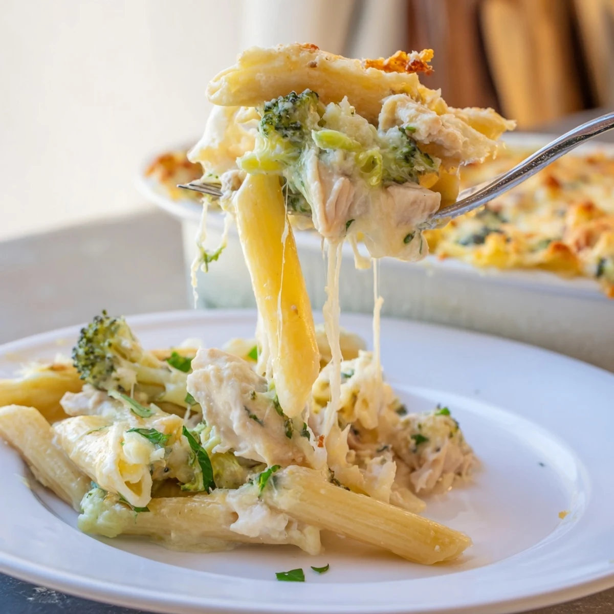 Family-style Chicken Broccoli Alfredo Bake Recipe in 9x13-inch dish, cheesy garlic aroma