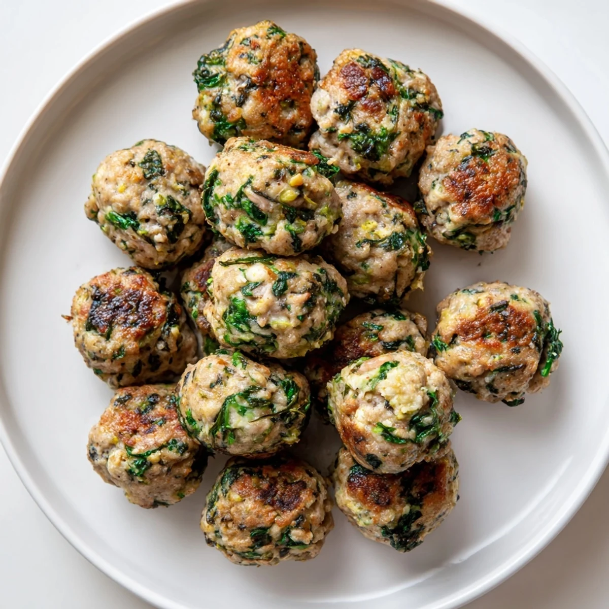 Low Carb Spinach Chicken Meatballs steaming on a parchment lined baking sheet