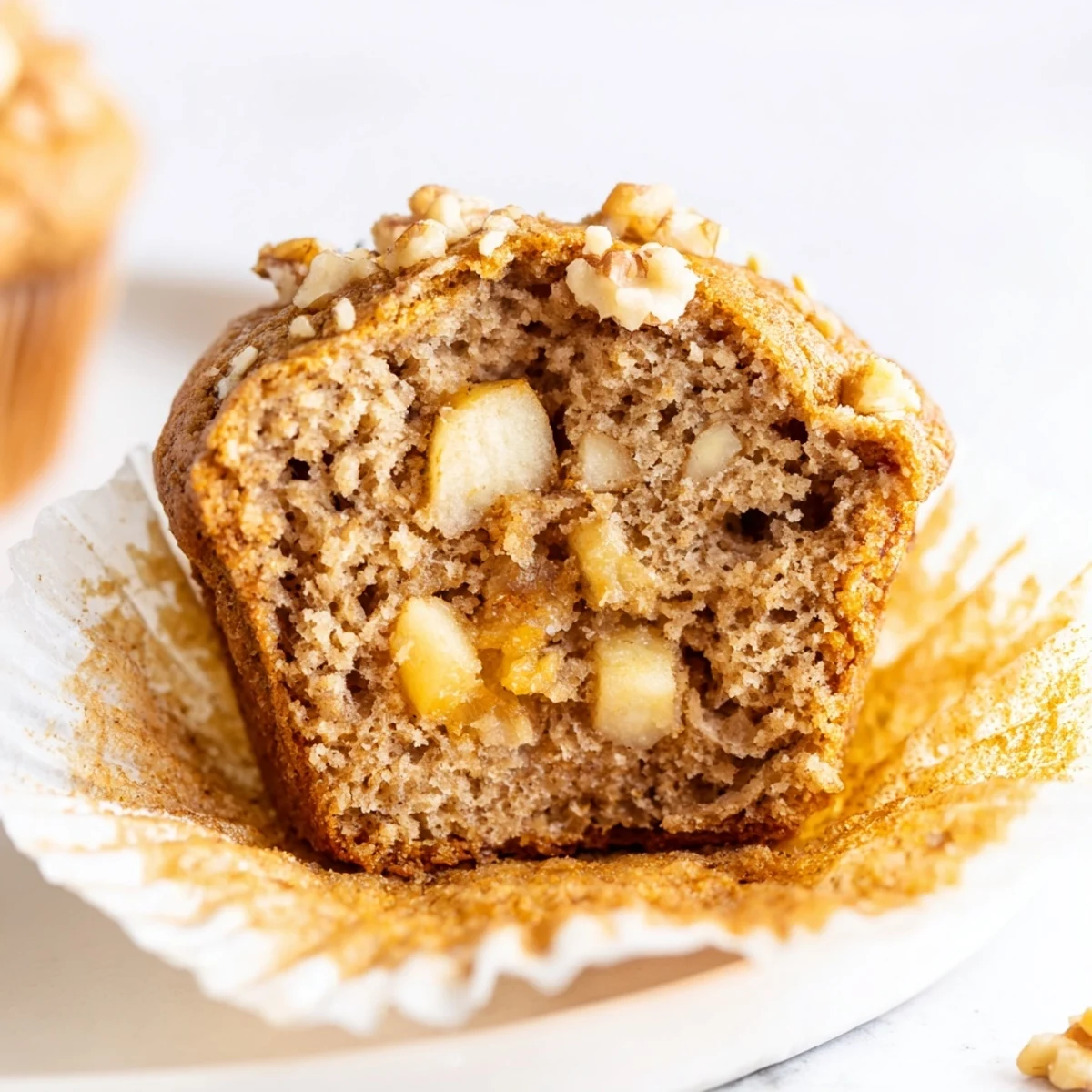 Sliced apples visible inside Healthy Apple Cinnamon Greek Yogurt Muffins, moist texture