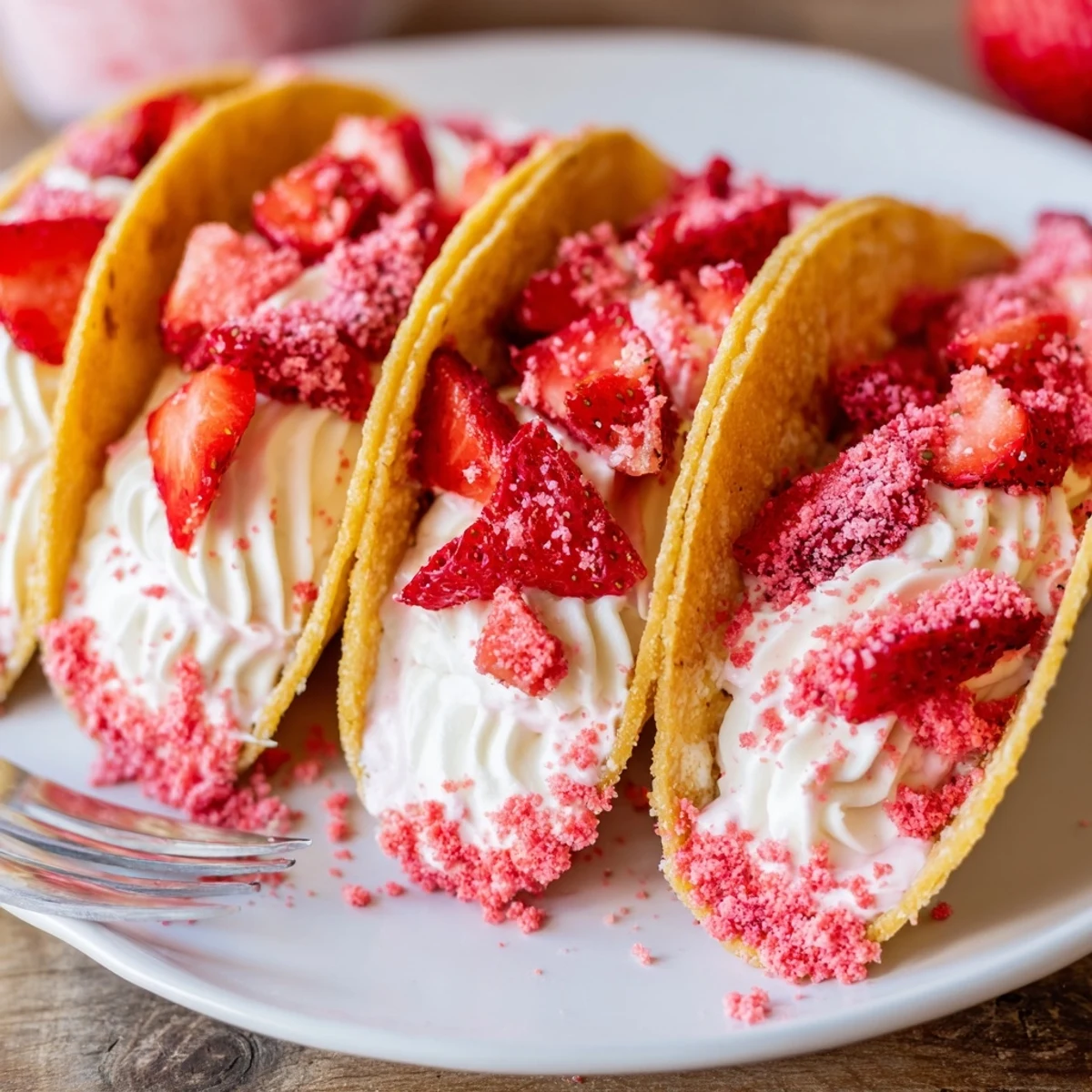 Strawberry Crunch Cheesecake Tacos with golden crisp shells and creamy piped filling