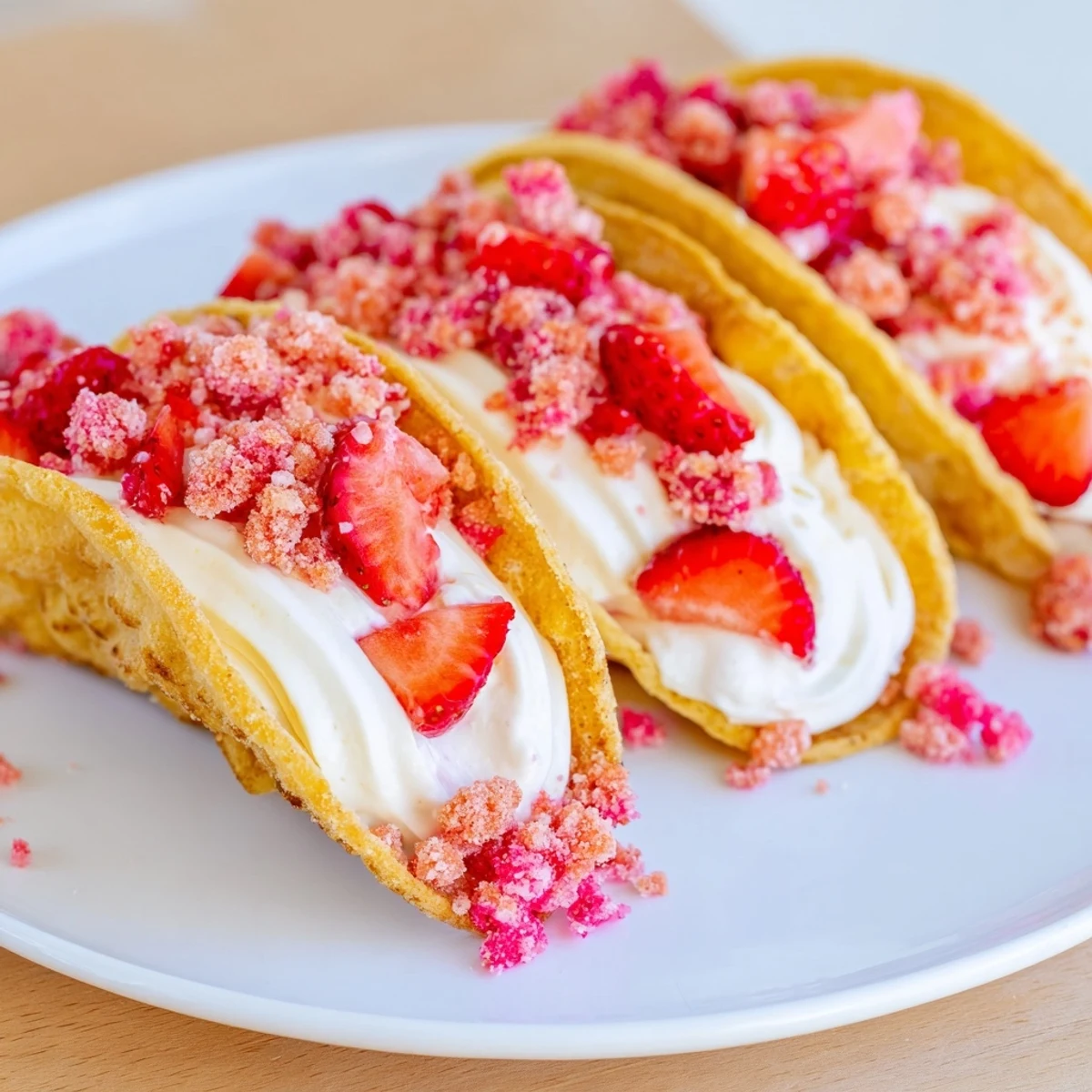 Chilled Strawberry Crunch Cheesecake Tacos served on a platter, crunchy edges sparkling