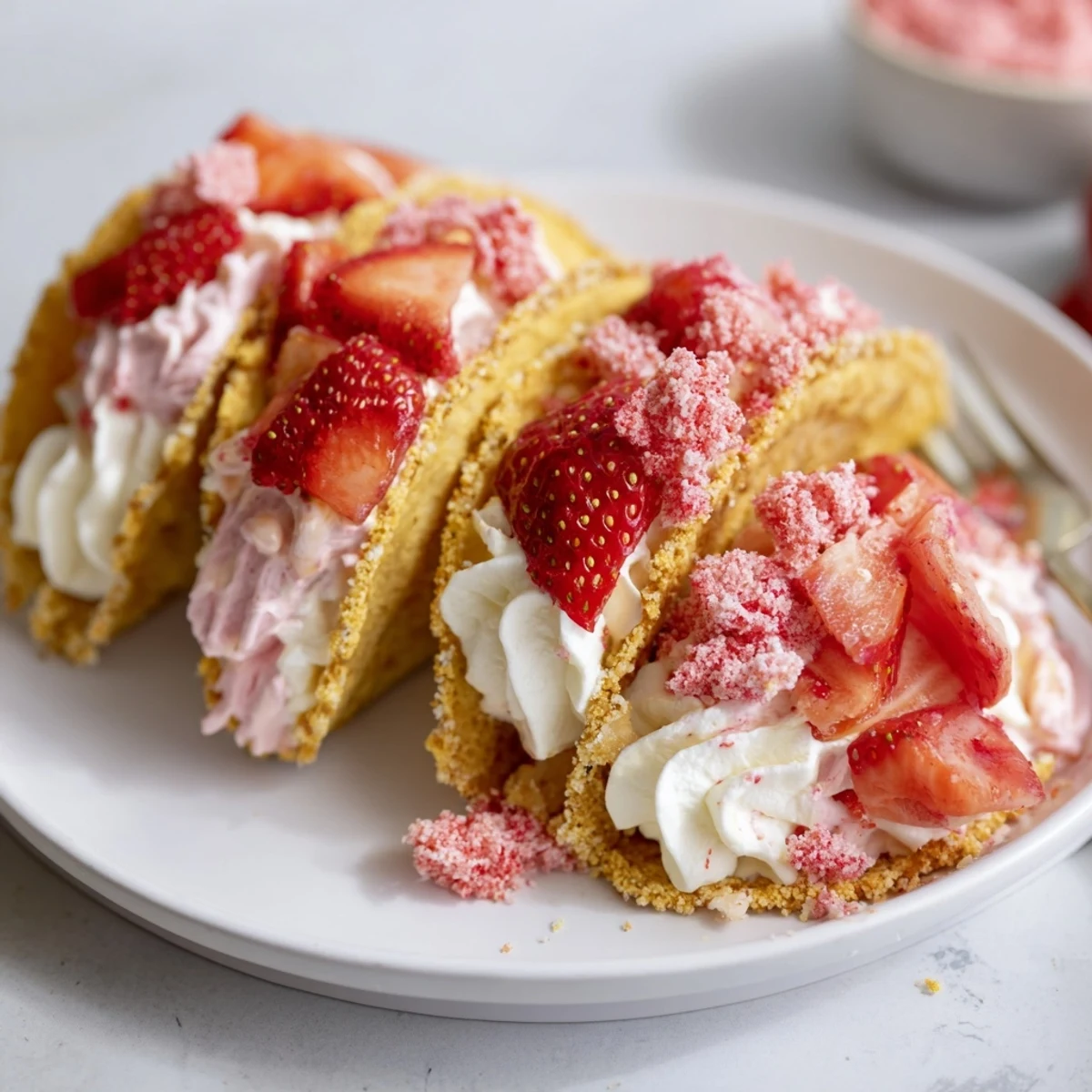 Handheld Strawberry Crunch Cheesecake Tacos topped with diced fresh strawberries and crumbs