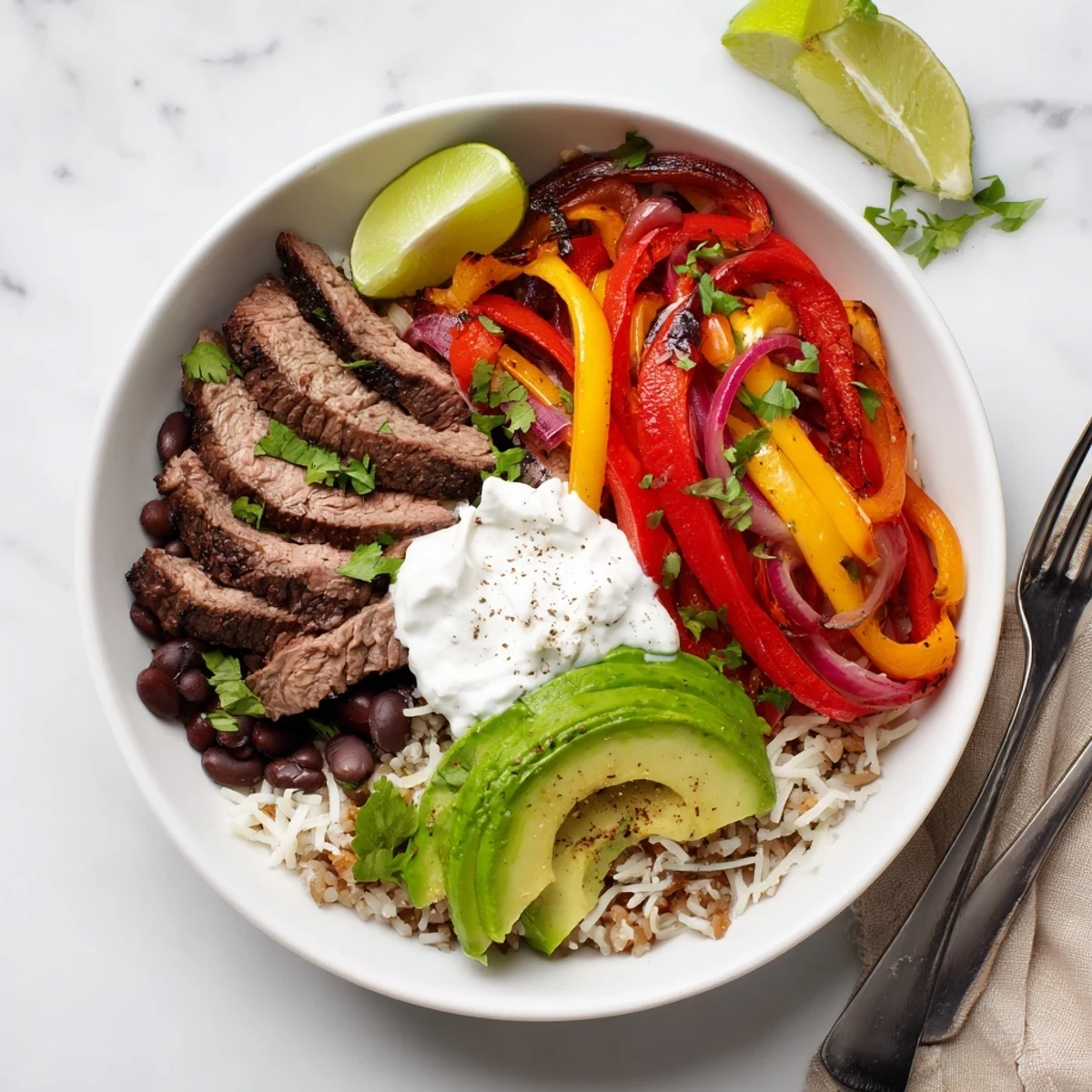 Colorful Steak Fajita Power Bowls: lime wedges, warm rice, tangy cilantro