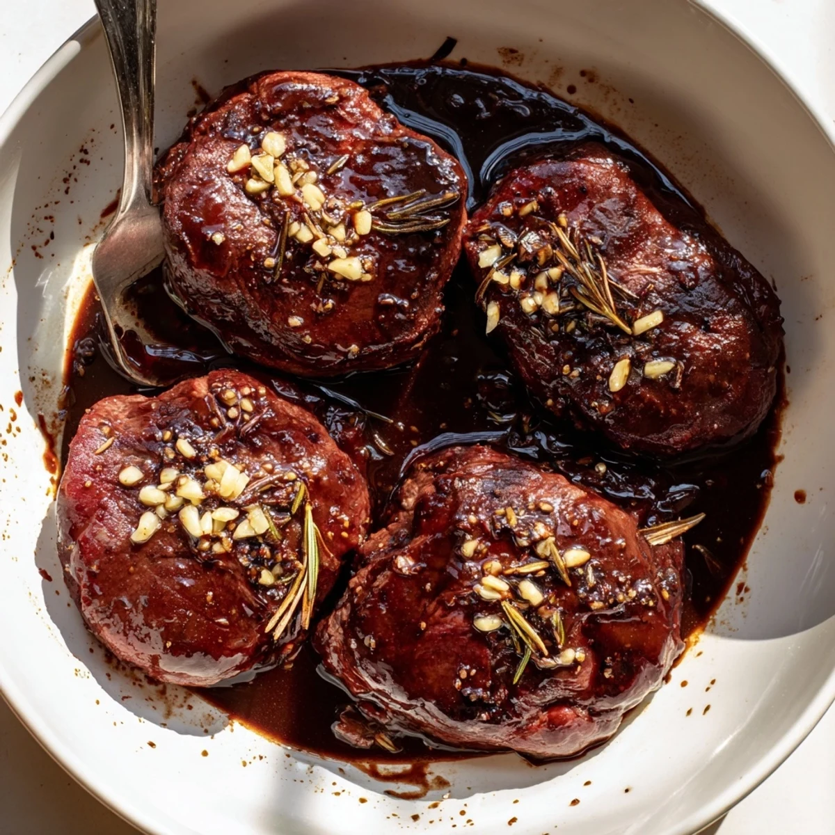 Steak Marinade glistening on raw ribeye, garlicky aroma and herb flecks