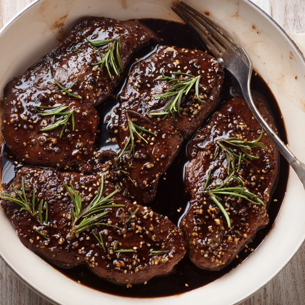 Pouring Steak Marinade over steaks in resealable bag, glossy herb-coated meat