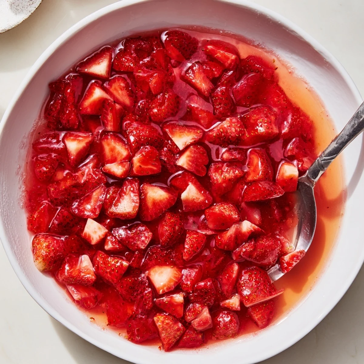 Stirred-warm Strawberry Cake Filling Recipe steaming slightly, sweet-tart berries and syrupy sheen