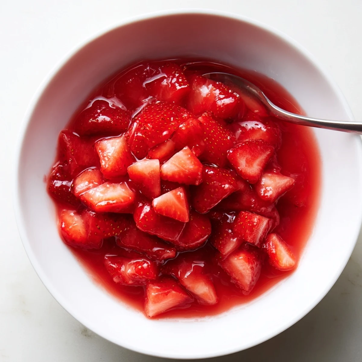 A spoon dips into Strawberry Cake Filling Recipe, glossy and bursting with strawberry flavor