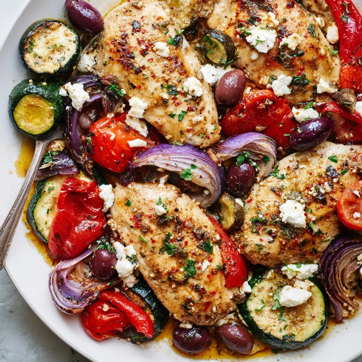 Sheet Pan Mediterranean Chicken Zucchini roasting with golden tomatoes, olives, and crumbled feta
