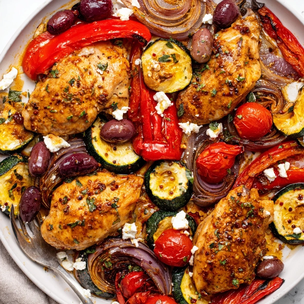 Warm Sheet Pan Mediterranean Chicken Zucchini plated with lemony pan juices and chopped parsley