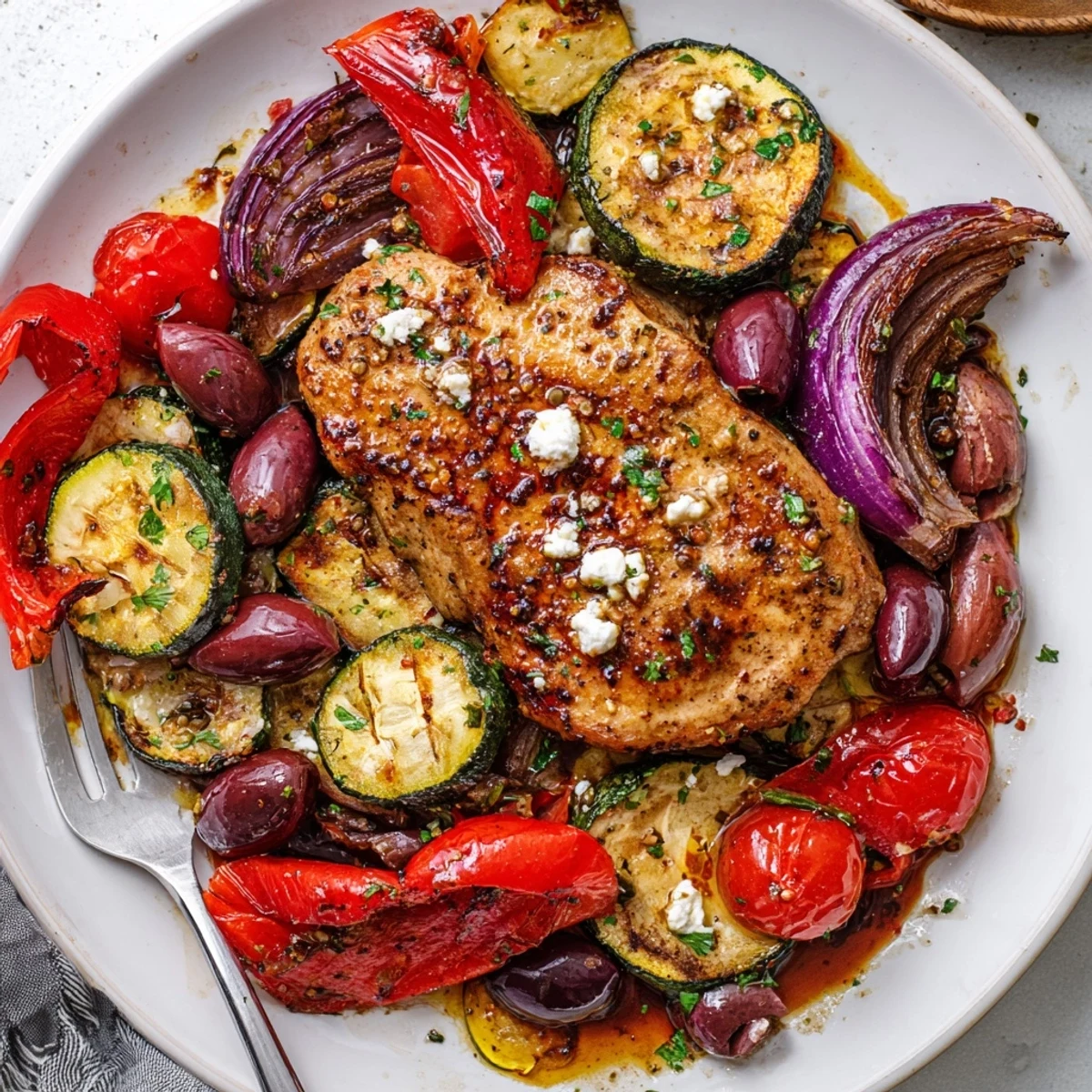 Crisp-edged Sheet Pan Mediterranean Chicken Zucchini served alongside warm pita for family-style dinner