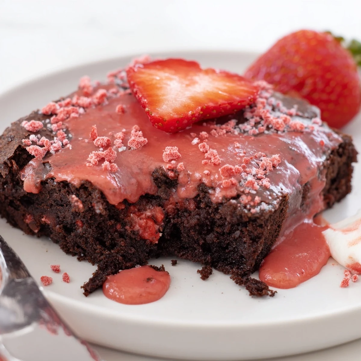Warm Strawberry Brownies Recipe on parchment, fudgy center and glossy glaze
