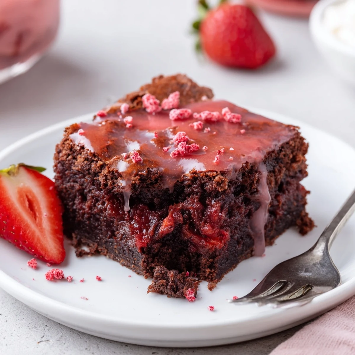 Moist Strawberry Brownies Recipe served with whipped cream and fresh berries