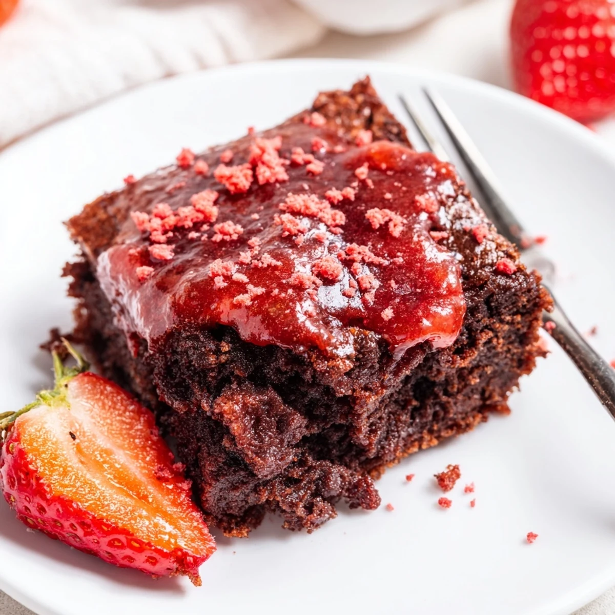 A slice of chilled Strawberry Brownies Recipe, bright strawberry glaze, tender crumbs