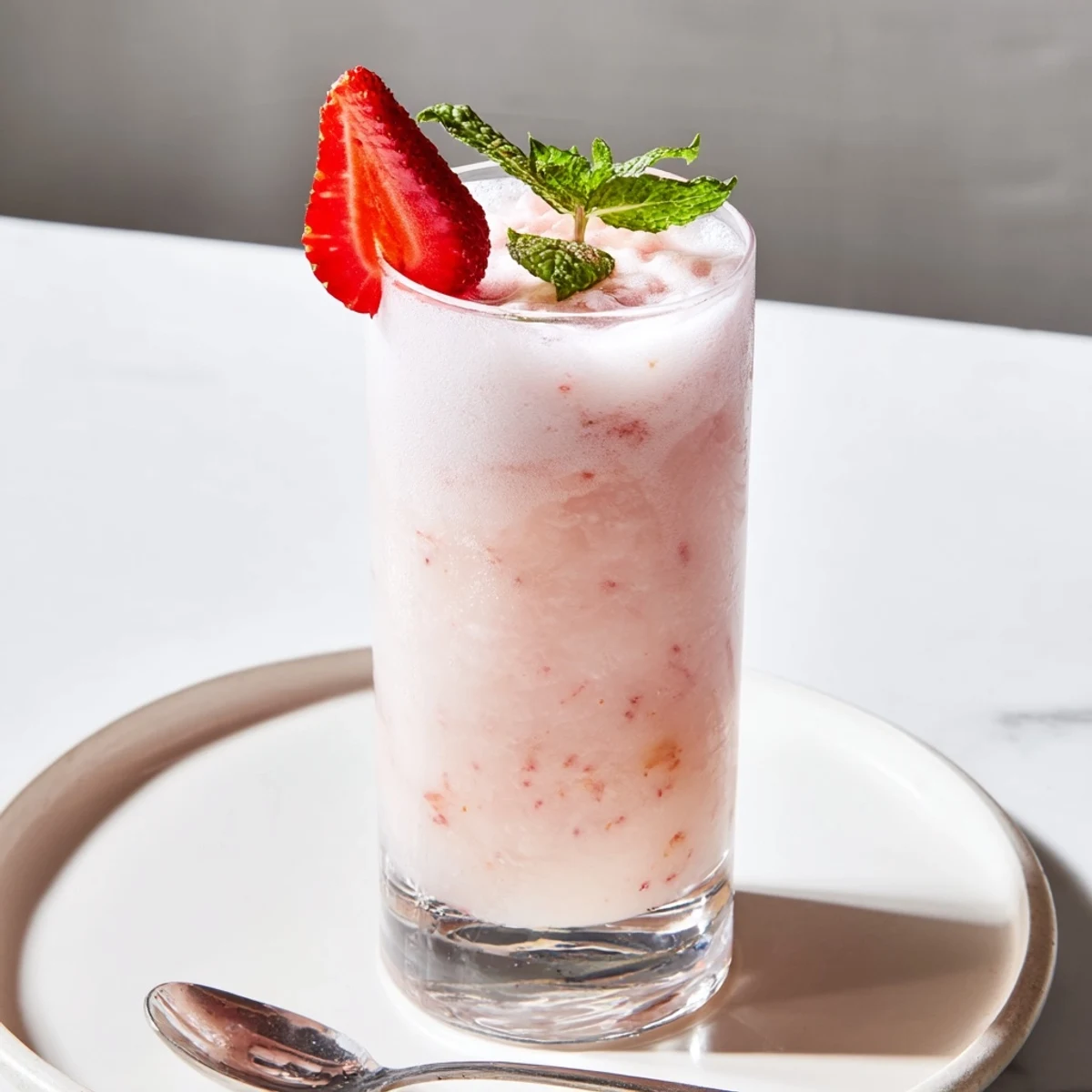 Creamy, tropical Strawberry Coconut Cooler made with coconut milk, lime, crushed ice  